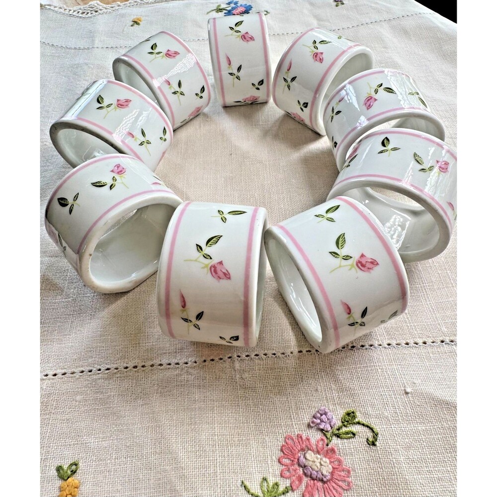 9 Porcelain Rose Napkin Rings Green / Pink, Andre Richard, Grandma Cottage Core - Picture 6 of 16